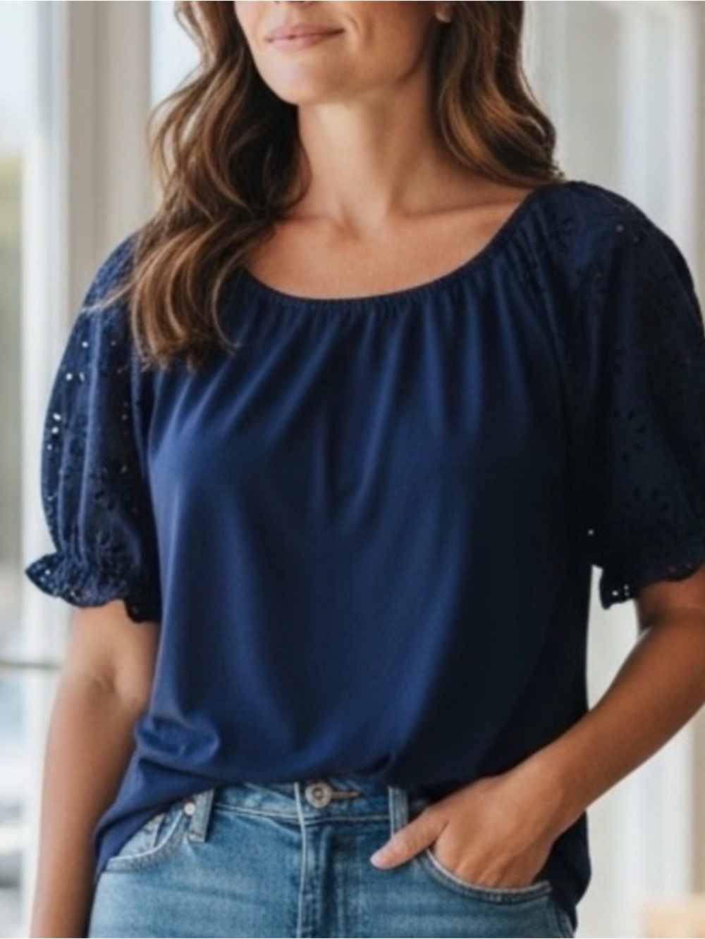 J. Crew Navy Eyelet Puff-Sleeve Tie-Back Blouse Off-Shoulder Top XL